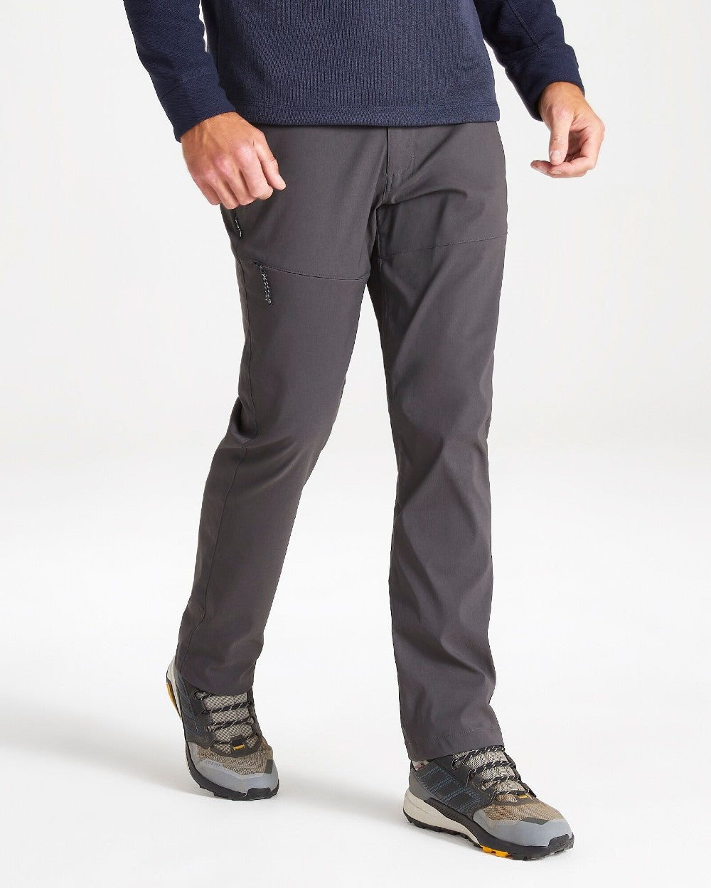 Dark Lead Coloured Craghoppers Mens Kiwi Pro II Trousers On A Grey Background 