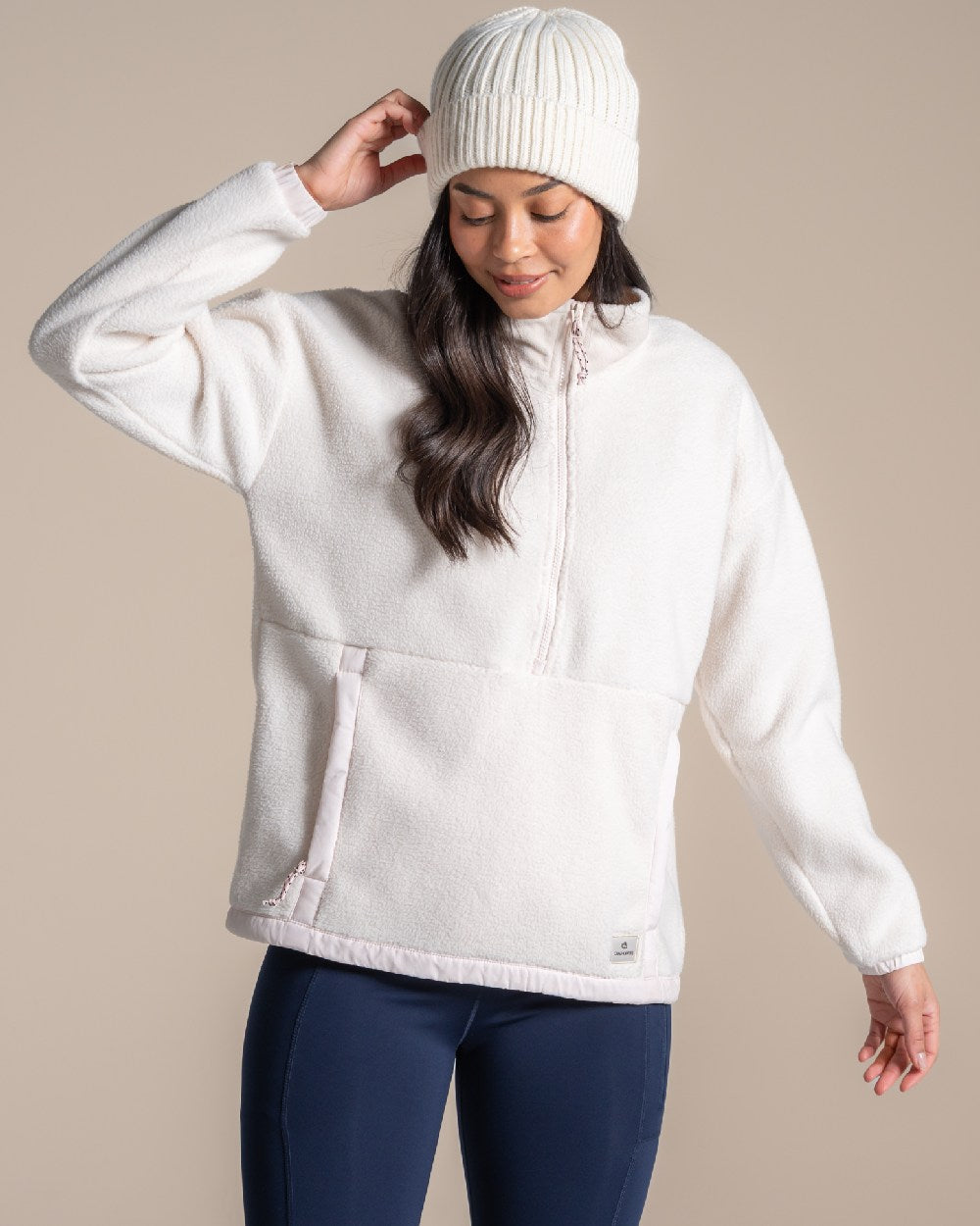 Ecru coloured Craghoppers Womens Sanaa Half Zip on beige background 