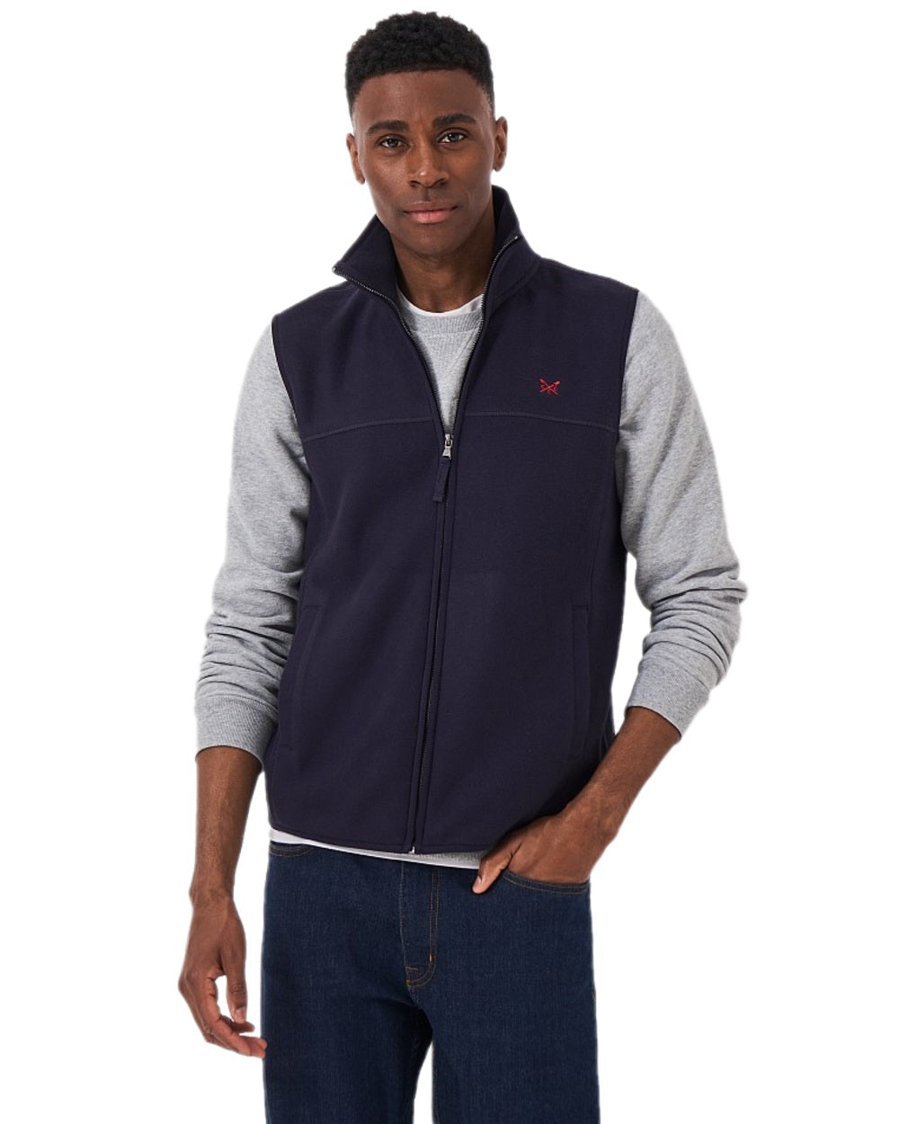 Heritage Dark Navy Coloured Crew Clothing Mens Aldringham Fleece Gilet on white background 