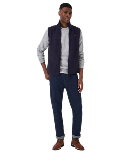 Heritage Dark Navy Coloured Crew Clothing Mens Aldringham Fleece Gilet on white background 