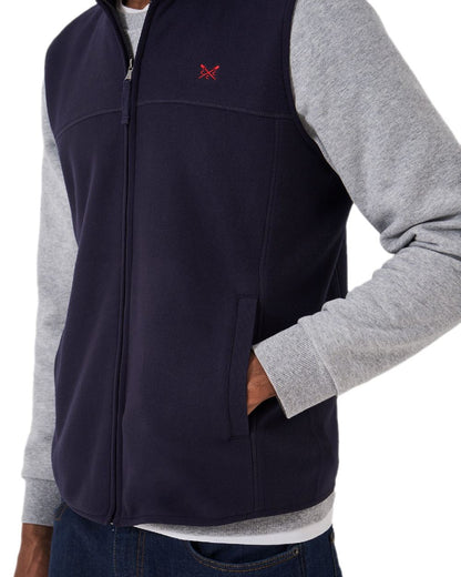 Heritage Dark Navy Coloured Crew Clothing Mens Aldringham Fleece Gilet on white background 