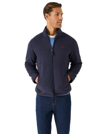 Heritage Dark Navy Coloured Crew Clothing Mens Aldringham Fleece Jacket on white background 