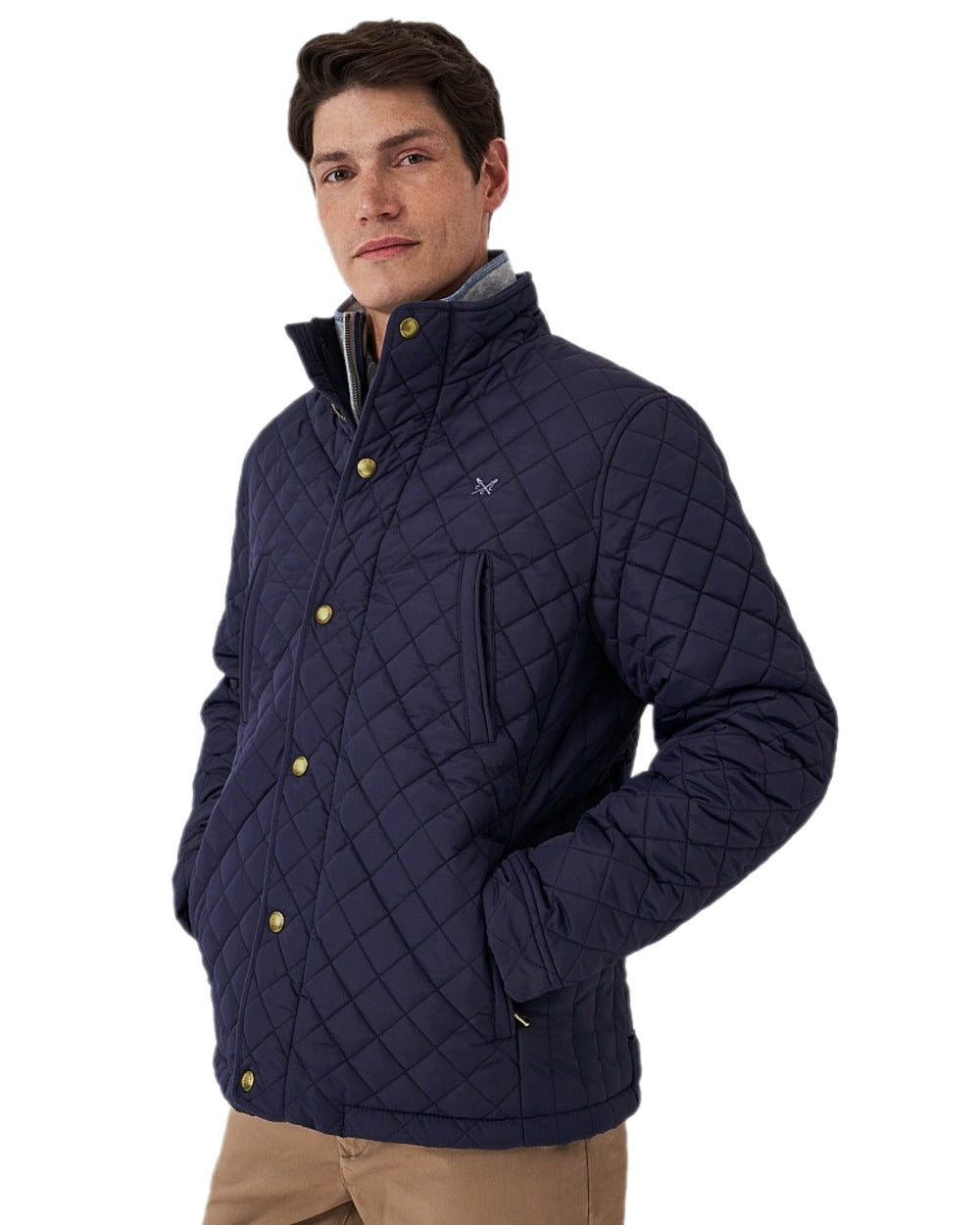 Heritage Dark Navy Coloured Crew Clothing Mens Chapley Quilted Jacket on white background 