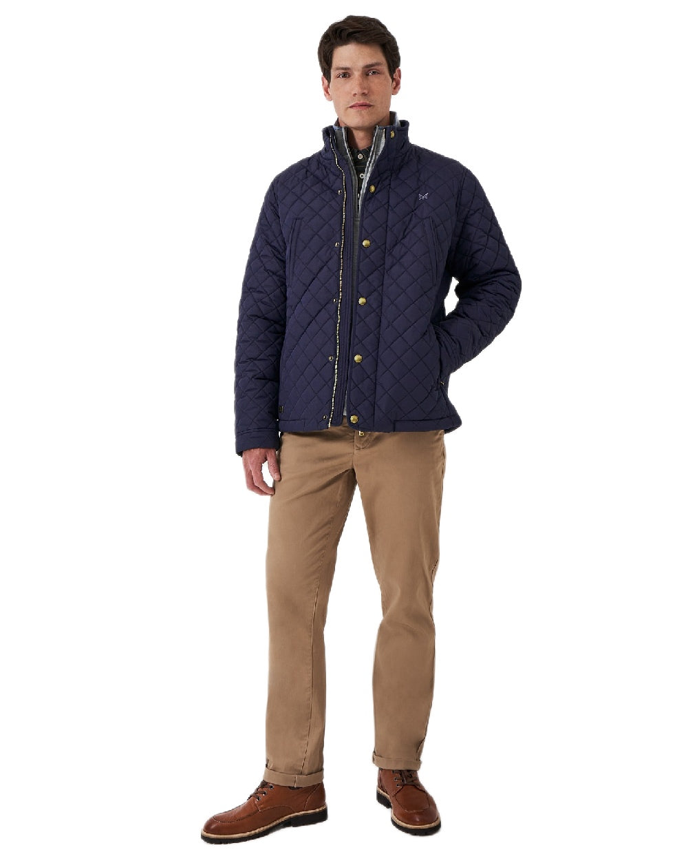 Heritage Dark Navy Coloured Crew Clothing Mens Chapley Quilted Jacket on white background 