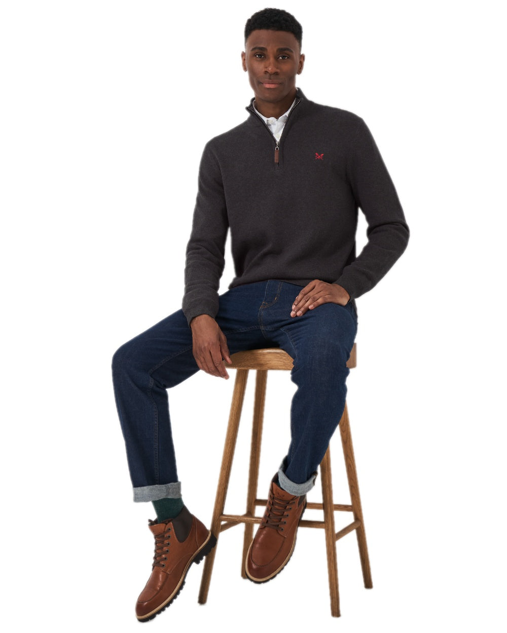 Charcoal Marl Coloured Crew Clothing Mens Classic Half Zip Knit Jumper on white background 