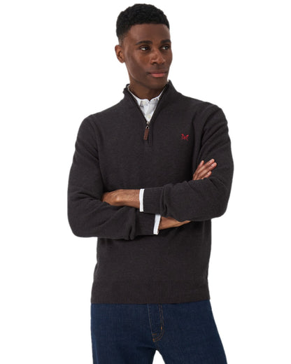 Charcoal Marl Coloured Crew Clothing Mens Classic Half Zip Knit Jumper on white background 