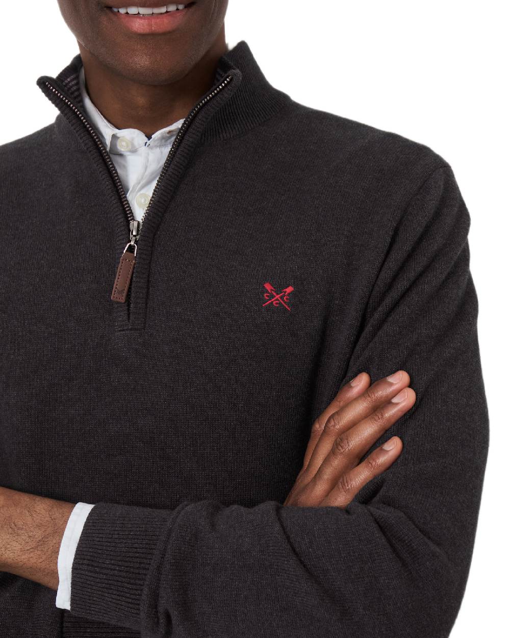 Charcoal Marl Coloured Crew Clothing Mens Classic Half Zip Knit Jumper on white background 