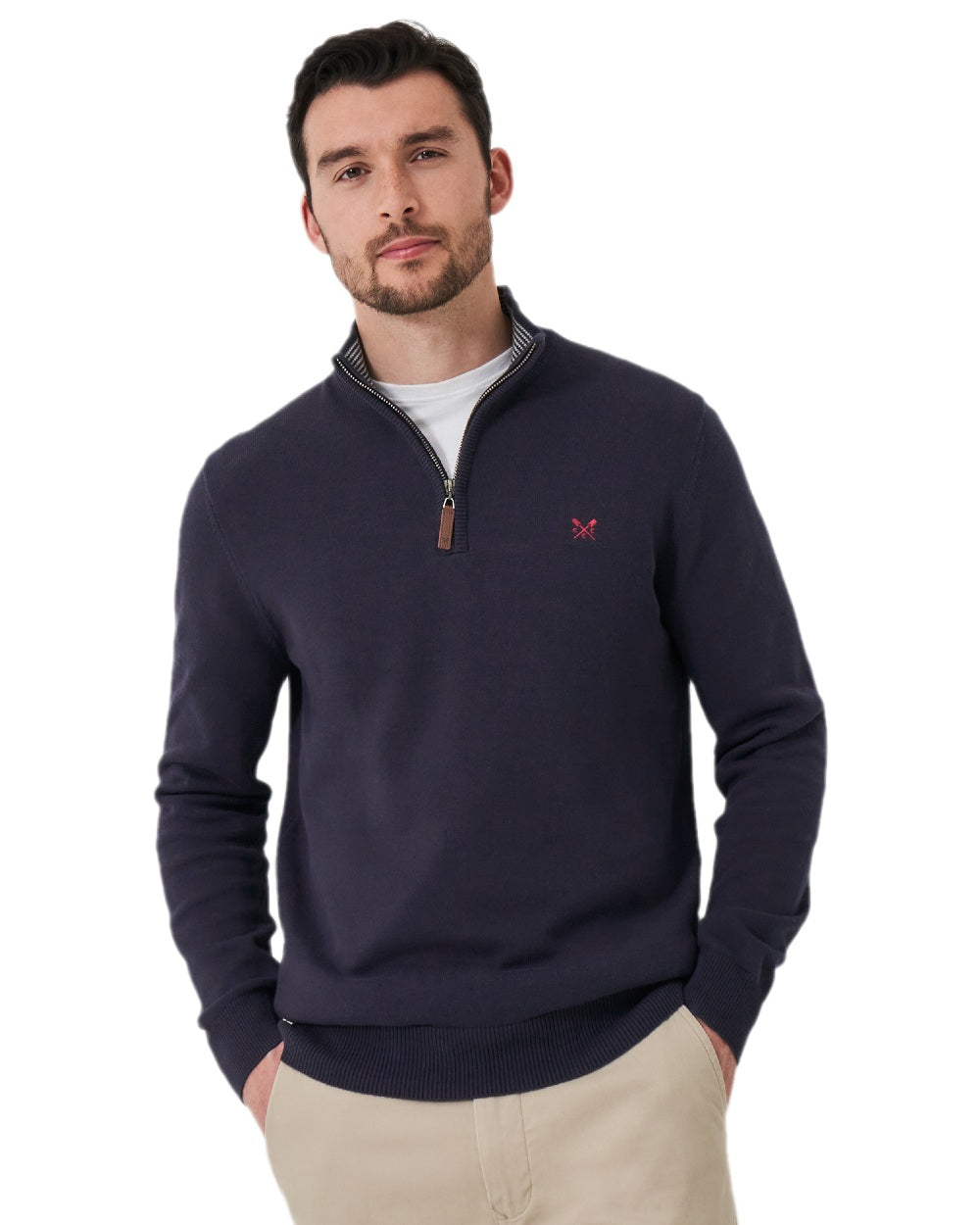 Heritage Dark Navy Coloured Crew Clothing Mens Classic Half Zip Knit Jumper on white background 