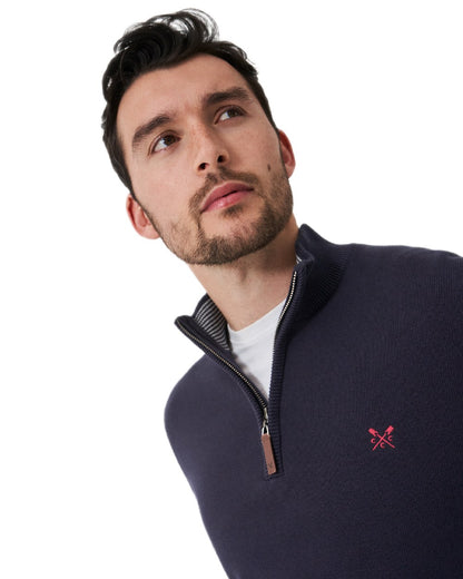 Heritage Dark Navy Coloured Crew Clothing Mens Classic Half Zip Knit Jumper on white background 