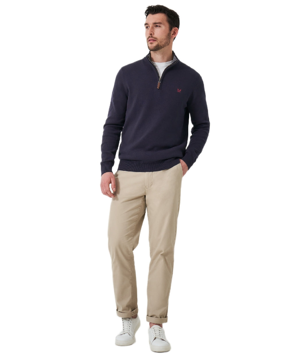 Heritage Dark Navy Coloured Crew Clothing Mens Classic Half Zip Knit Jumper on white background 