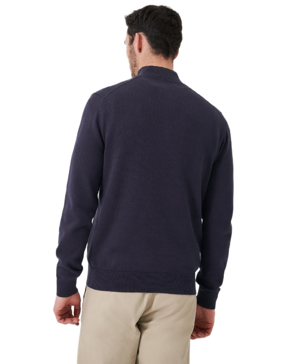 Heritage Dark Navy Coloured Crew Clothing Mens Classic Half Zip Knit Jumper on white background 