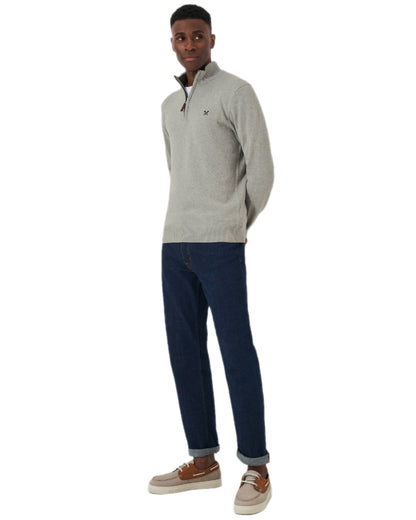 Mid Grey Marl Coloured Crew Clothing Mens Classic Half Zip Knit Jumper on white background 