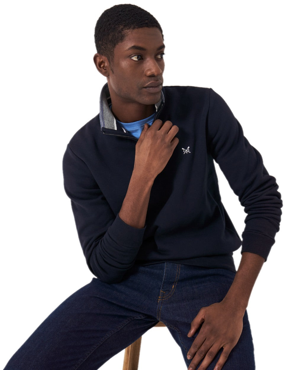 Heritage Dark Navy Coloured Crew Clothing Mens Classic Half Zip Sweatshirt on white background
