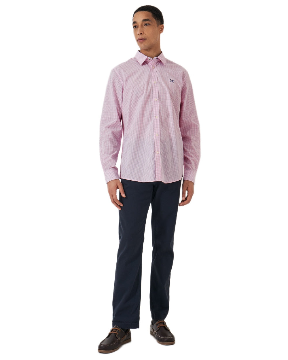 Heritage Classic Pink Heritage White Coloured Crew Clothing Mens Classic Micro Gingham Shirt on white background 