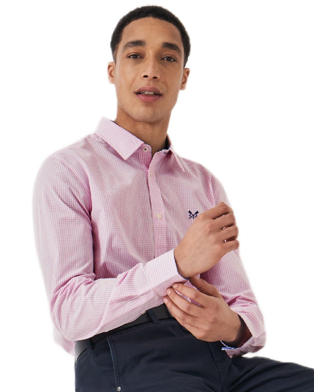 Heritage Classic Pink Heritage White Coloured Crew Clothing Mens Classic Micro Gingham Shirt on white background 