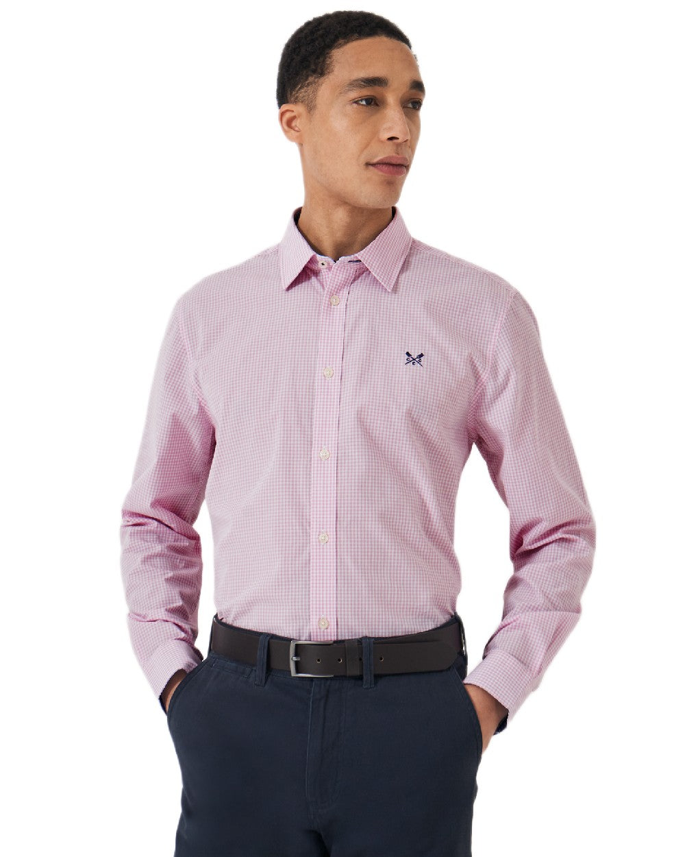 Heritage Classic Pink Heritage White Coloured Crew Clothing Mens Classic Micro Gingham Shirt on white background 