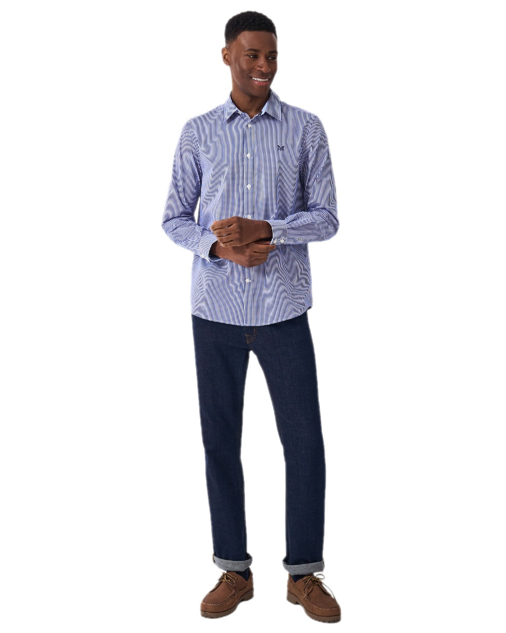 Ultramarine Heritage White Coloured Crew Clothing Mens Classic Micro Gingham Shirt on white background 