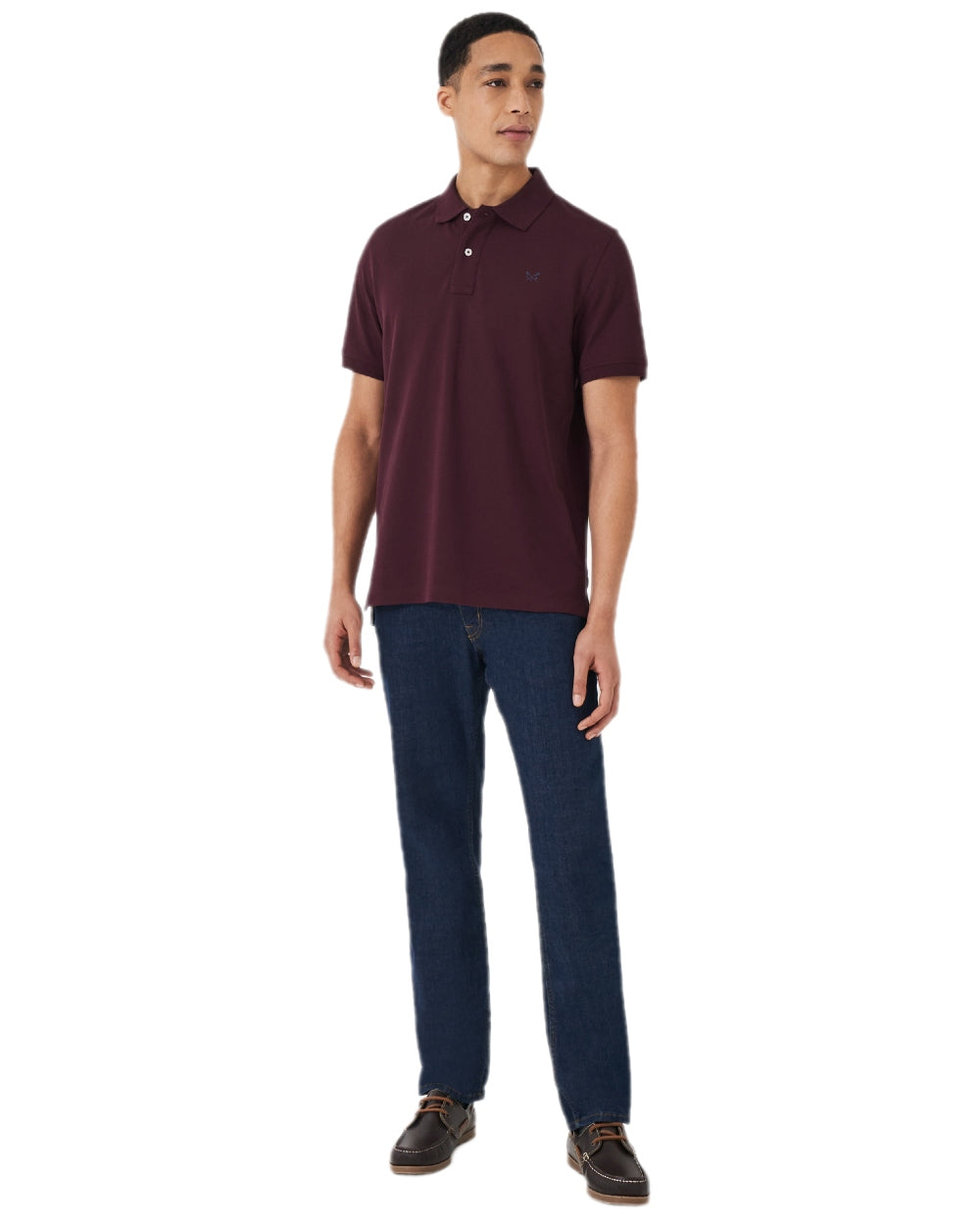 Heritage Burgundy Coloured Crew Clothing Mens Classic Pique Polo Shirt on white background 
