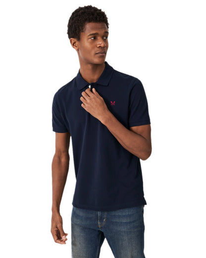 Heritage Dark Navy Coloured Crew Clothing Mens Classic Pique Polo Shirt on white background 