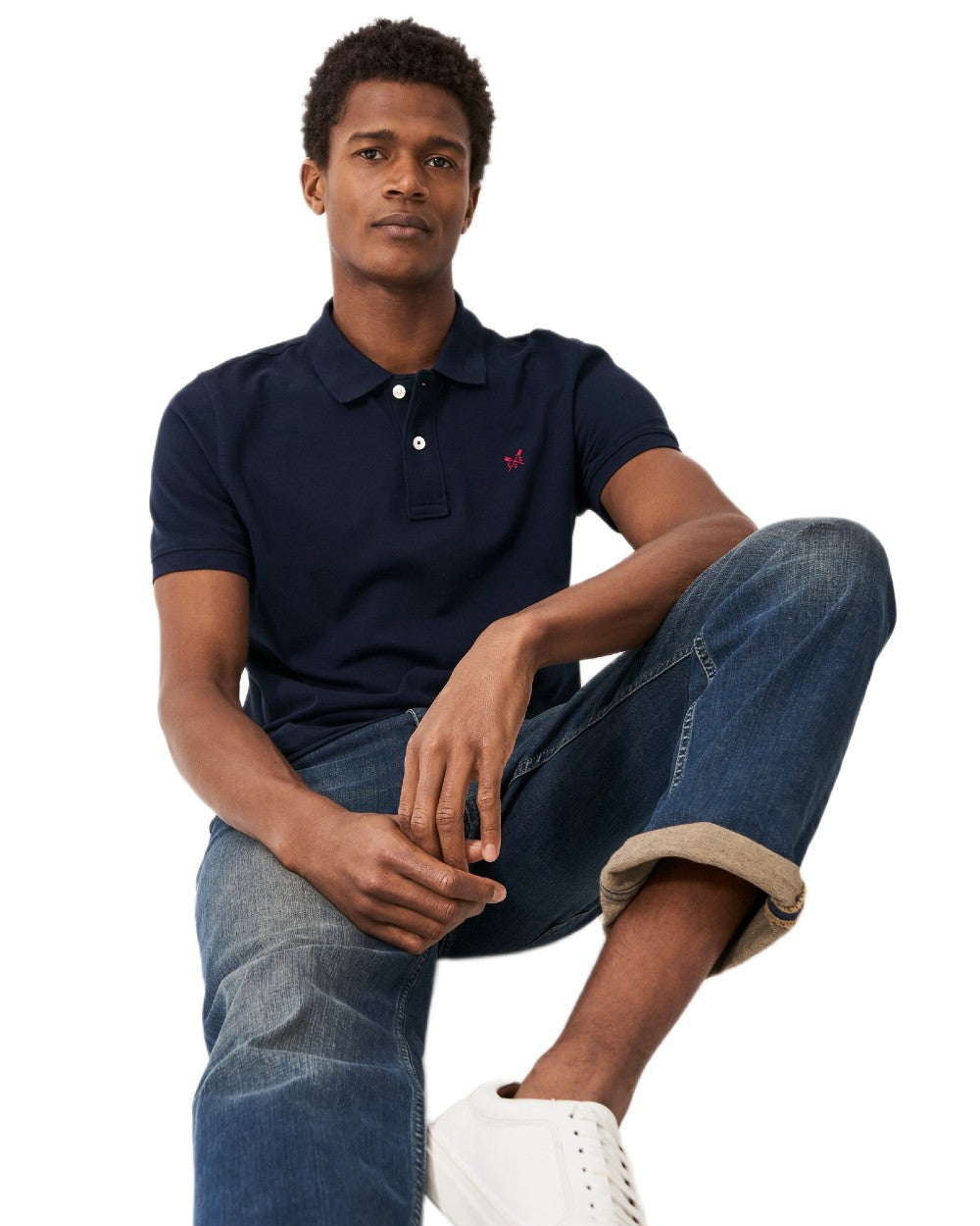 Heritage Dark Navy Coloured Crew Clothing Mens Classic Pique Polo Shirt on white background 