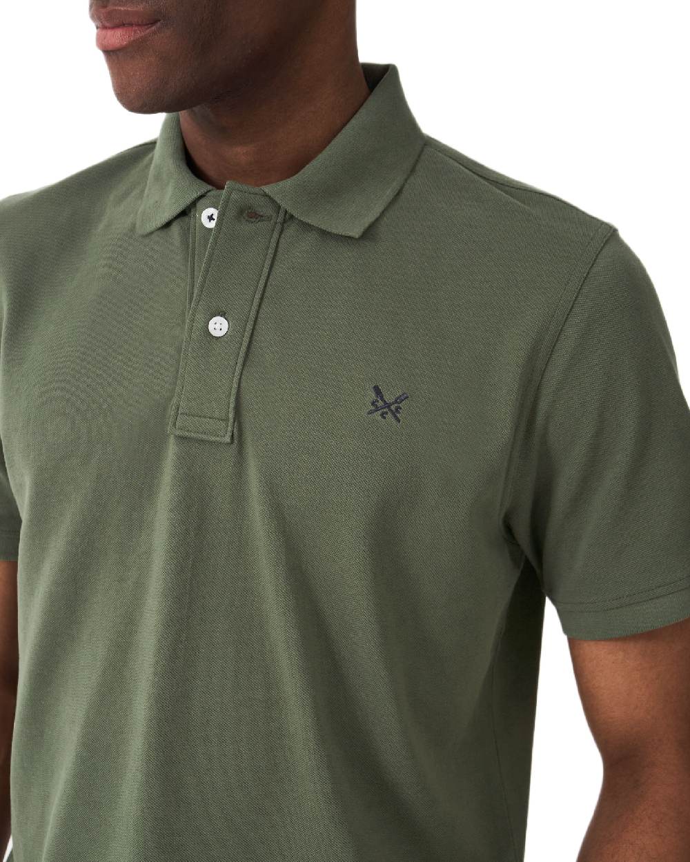 Heritage Olive Coloured Crew Clothing Mens Classic Pique Polo Shirt on white background 