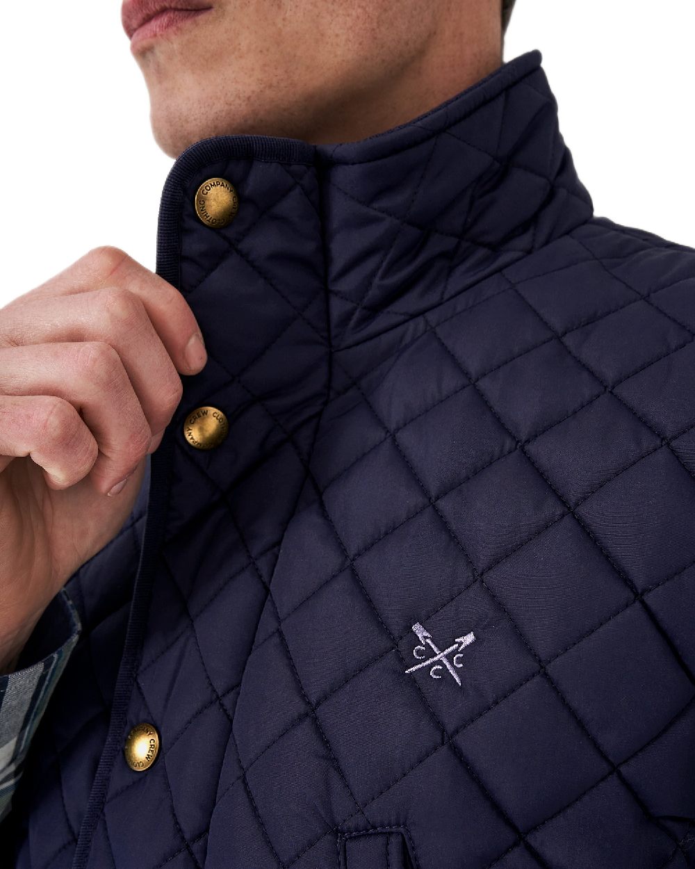 Heritage Dark Navy Coloured Crew Clothing Mens Corleigh Quilted Gilet on white background 