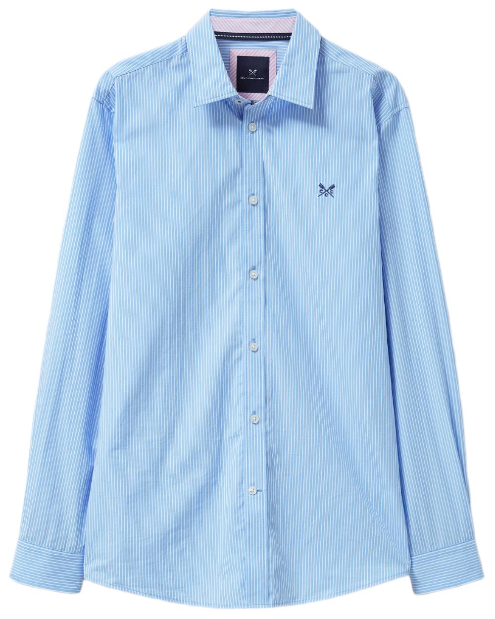 Heritage Sky Blue Coloured Crew Clothing Mens Micro Stripe Classic Shirt on white background 