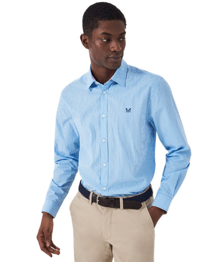 Heritage Sky Blue Coloured Crew Clothing Mens Micro Stripe Classic Shirt on white background 