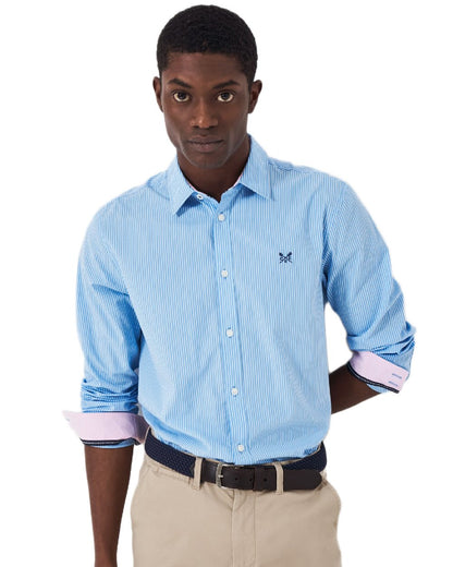 Heritage Sky Blue Coloured Crew Clothing Mens Micro Stripe Classic Shirt on white background 