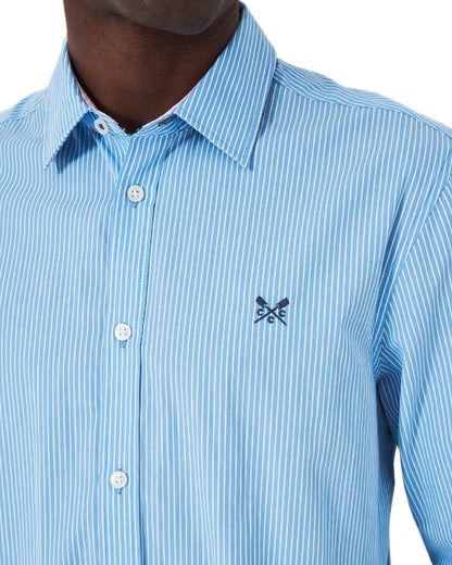 Heritage Sky Blue Coloured Crew Clothing Mens Micro Stripe Classic Shirt on white background 