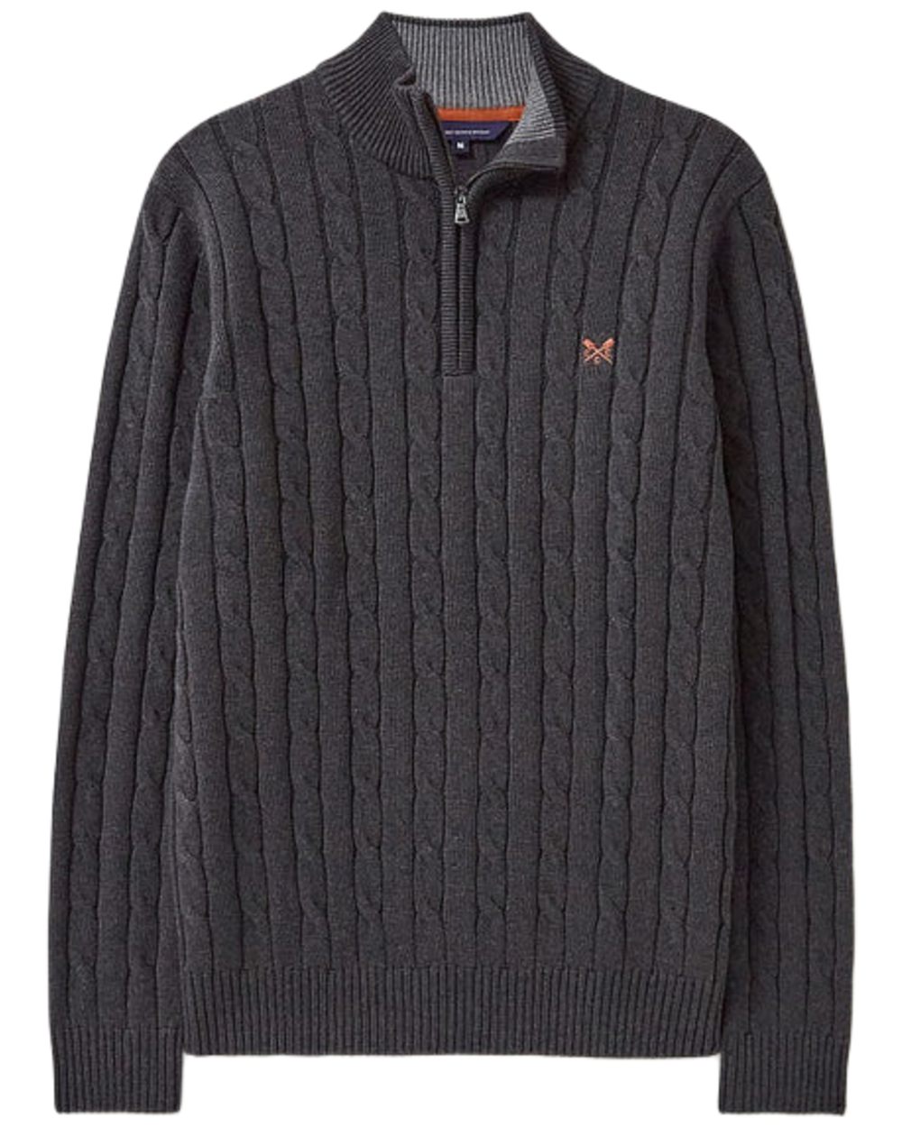 Charcoal Marl Coloured Crew Clothing Mens Oarsman Cable Knit Half Zip Jumper on white background 
