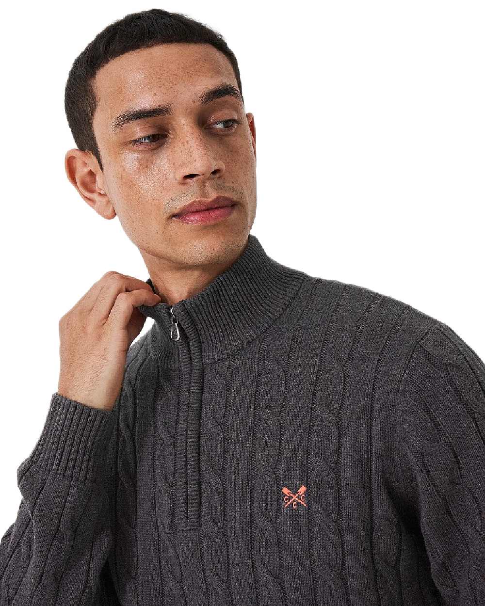 Charcoal Marl Coloured Crew Clothing Mens Oarsman Cable Knit Half Zip Jumper on white background 