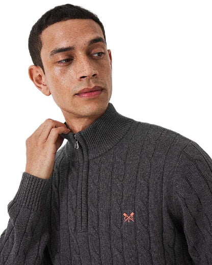 Charcoal Marl Coloured Crew Clothing Mens Oarsman Cable Knit Half Zip Jumper on white background 