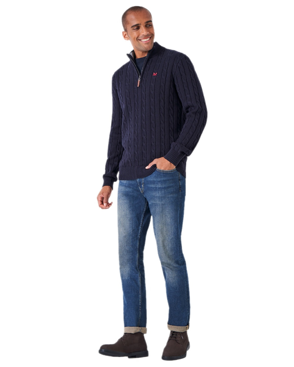 Heritage Dark Navy Coloured Crew Clothing Mens Oarsman Cable Knit Half Zip Jumper on white background 