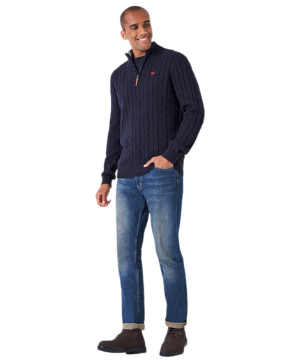Heritage Dark Navy Coloured Crew Clothing Mens Oarsman Cable Knit Half Zip Jumper on white background 