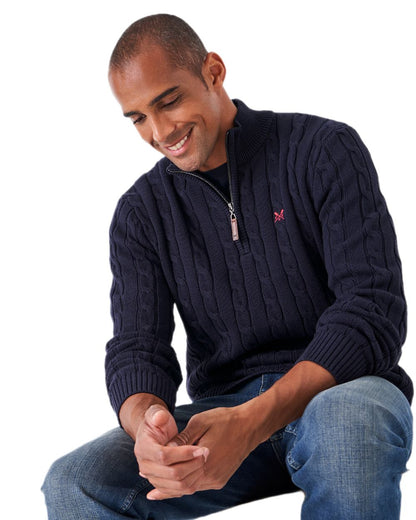 Heritage Dark Navy Coloured Crew Clothing Mens Oarsman Cable Knit Half Zip Jumper on white background 