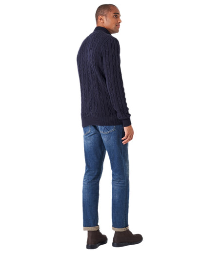 Heritage Dark Navy Coloured Crew Clothing Mens Oarsman Cable Knit Half Zip Jumper on white background 