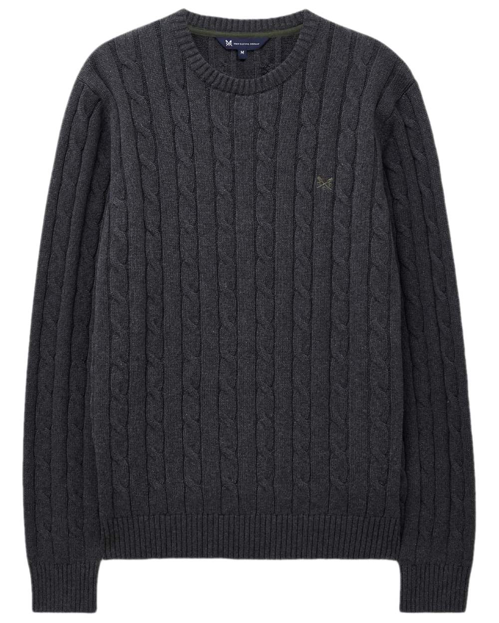 Charcoal Marl Coloured Crew Clothing Mens Oarsman Cable Knit Organic Cotton Crew Neck Jumper on white background 