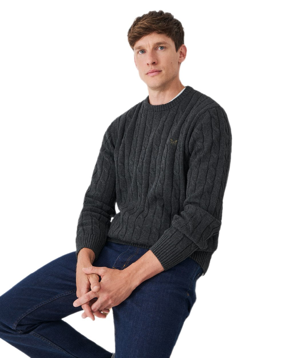 Charcoal Marl Coloured Crew Clothing Mens Oarsman Cable Knit Organic Cotton Crew Neck Jumper on white background 
