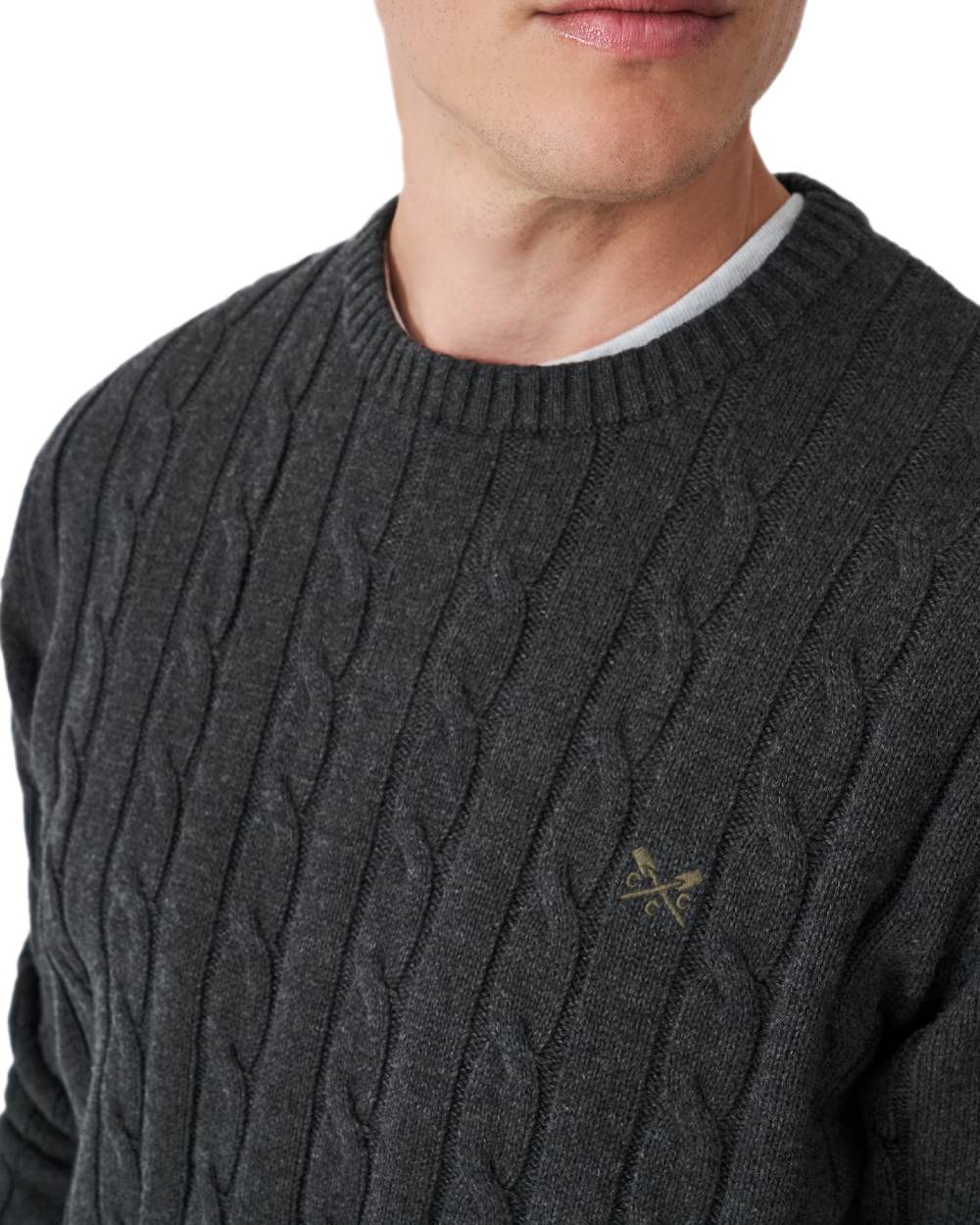 Charcoal Marl Coloured Crew Clothing Mens Oarsman Cable Knit Organic Cotton Crew Neck Jumper on white background 