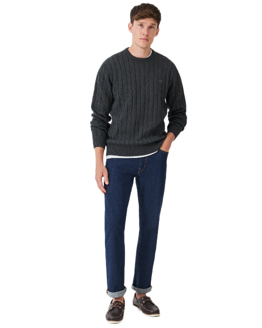 Charcoal Marl Coloured Crew Clothing Mens Oarsman Cable Knit Organic Cotton Crew Neck Jumper on white background 
