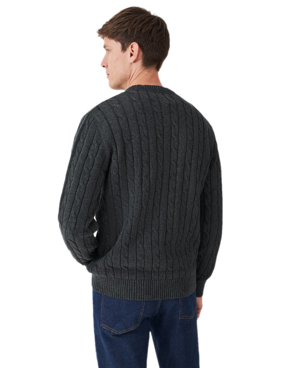 Charcoal Marl Coloured Crew Clothing Mens Oarsman Cable Knit Organic Cotton Crew Neck Jumper on white background 