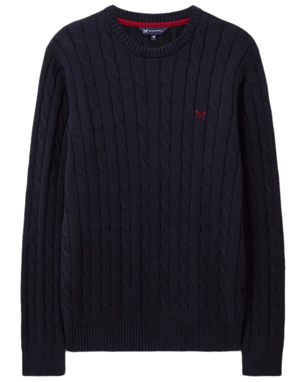 Navy Coloured Crew Clothing Mens Oarsman Cable Knit Organic Cotton Crew Neck Jumper on white background 