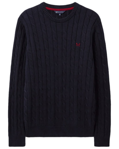 Navy Coloured Crew Clothing Mens Oarsman Cable Knit Organic Cotton Crew Neck Jumper on white background 