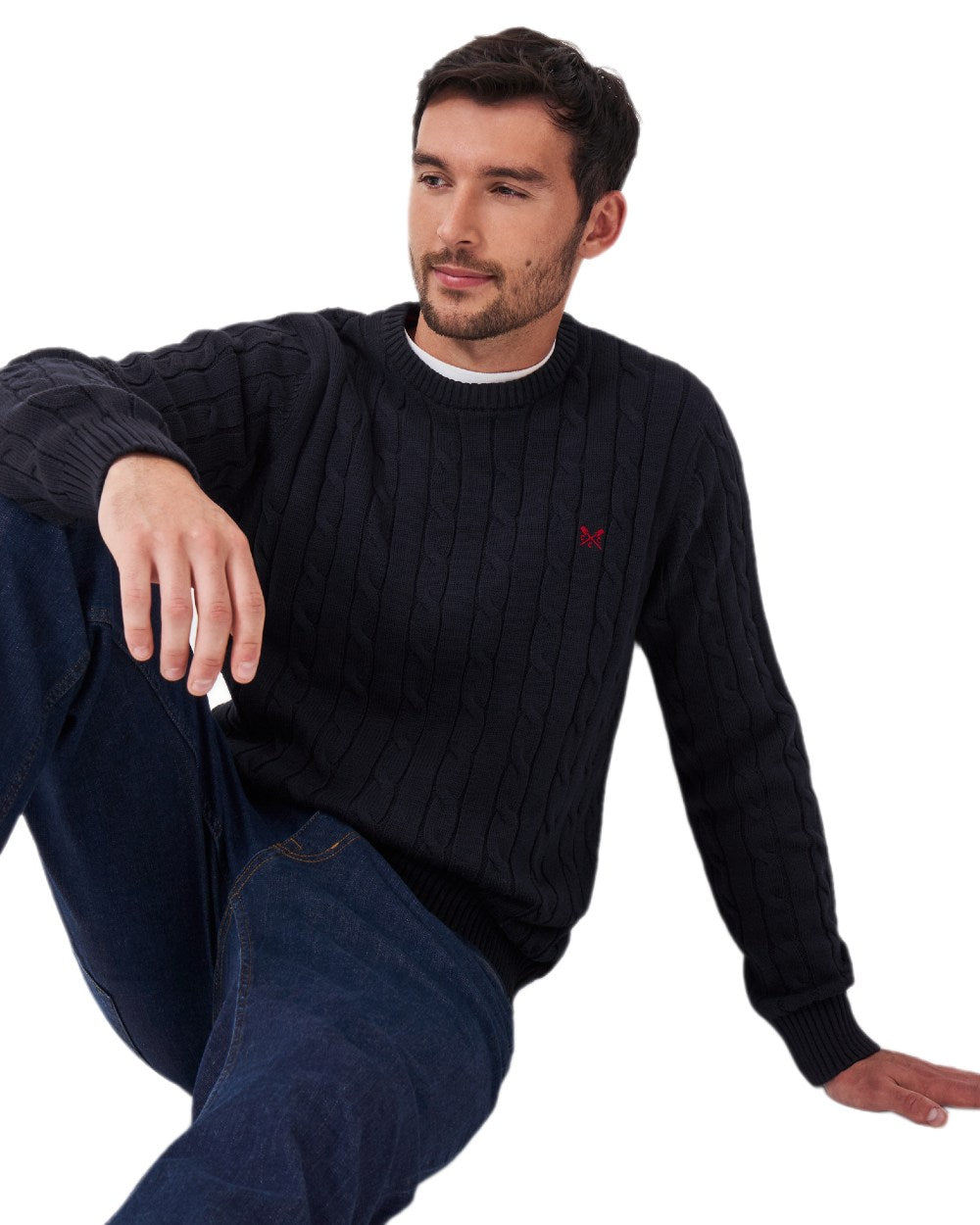 Navy Coloured Crew Clothing Mens Oarsman Cable Knit Organic Cotton Crew Neck Jumper on white background 