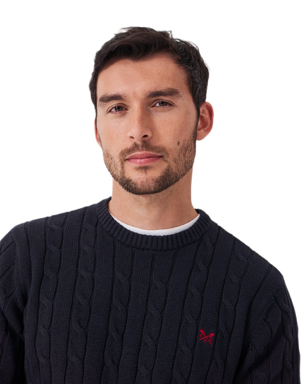 Navy Coloured Crew Clothing Mens Oarsman Cable Knit Organic Cotton Crew Neck Jumper on white background 