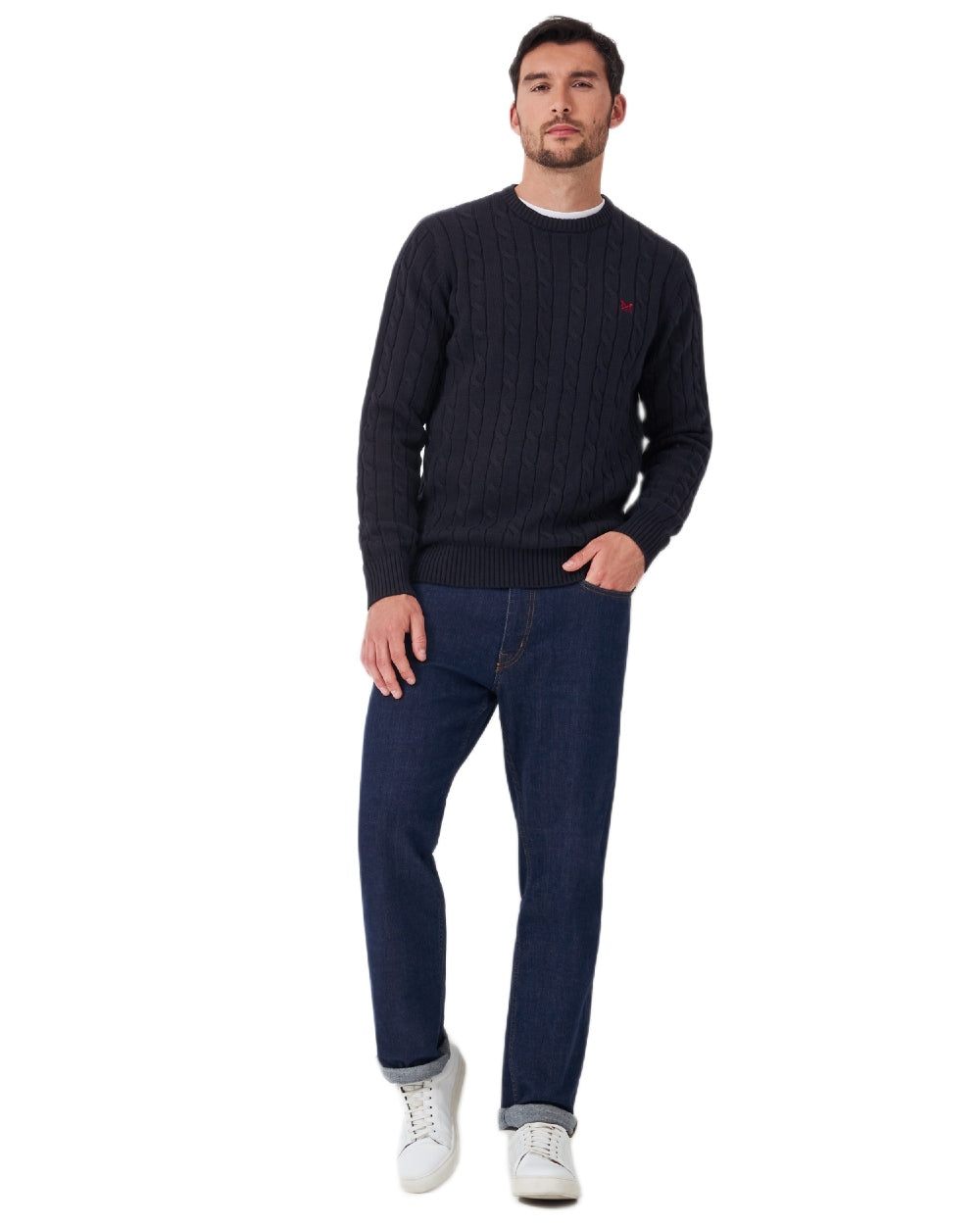 Navy Coloured Crew Clothing Mens Oarsman Cable Knit Organic Cotton Crew Neck Jumper on white background 