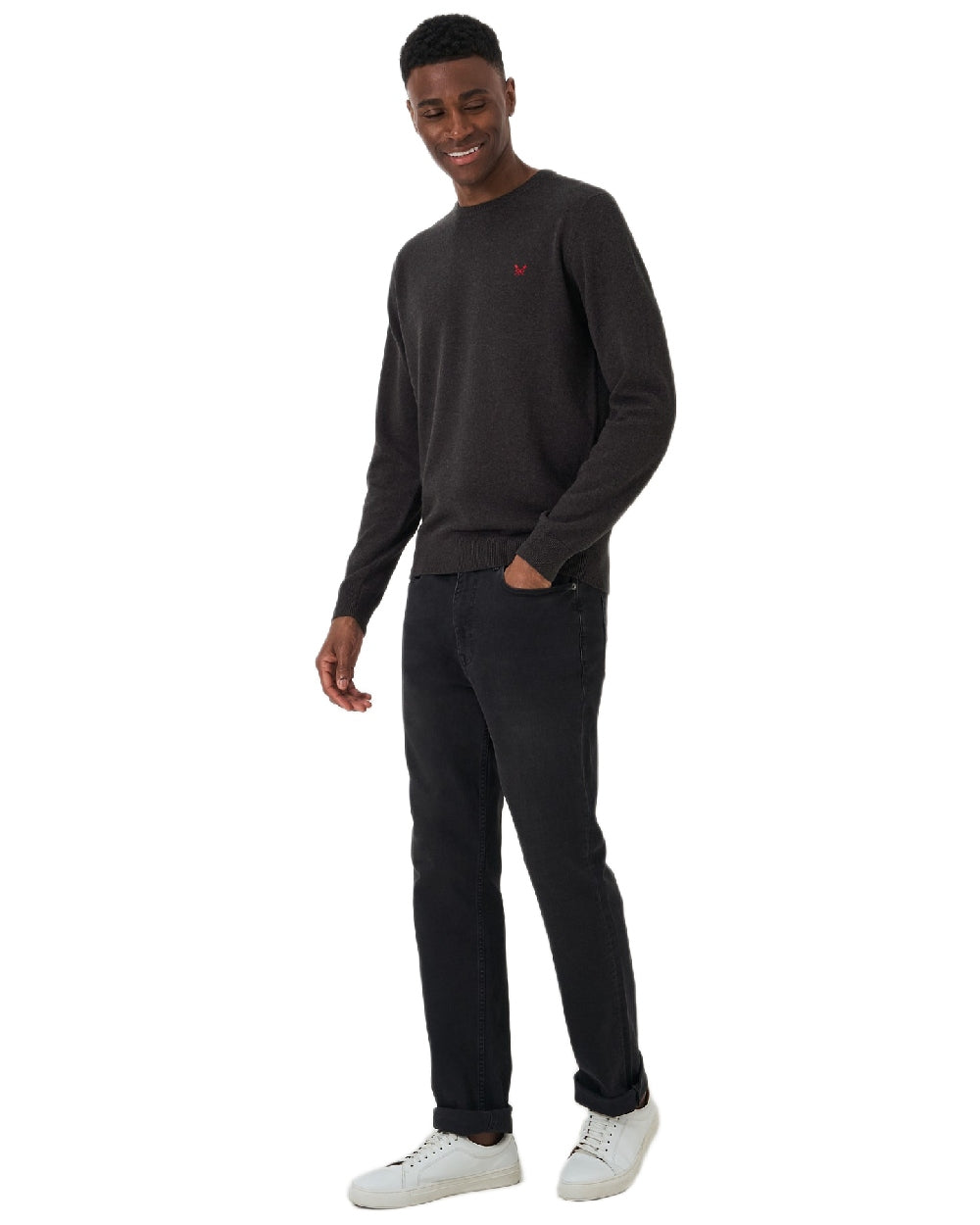 Charcoal Marl Coloured Crew Clothing Mens Organic Cotton Crew Neck Jumper on white background 