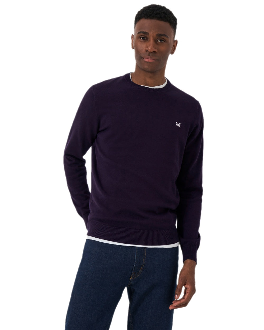 Heritage Dark Navy Coloured Crew Clothing Mens Organic Cotton Crew Neck Jumper on white background 