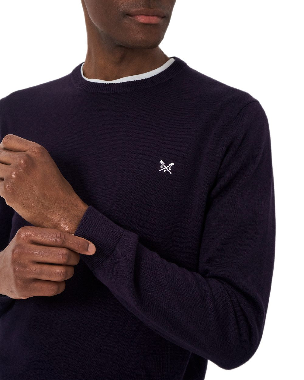 Heritage Dark Navy Coloured Crew Clothing Mens Organic Cotton Crew Neck Jumper on white background 